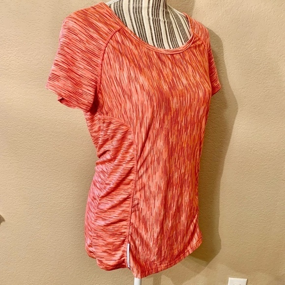 Velocity Athletic Top Large Coral Burgundy Grey Stripes Short-Sleeve Stretch - Picture 4 of 12